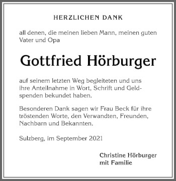 Traueranzeige von Gottfried Hörburger von Allgäuer Zeitung,Kempten