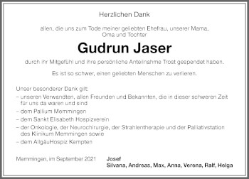 Traueranzeige von Gudrun Jaser von Memminger Zeitung
