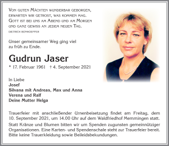 Traueranzeige von Gudrun Jaser von Memminger Zeitung