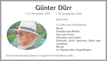 Traueranzeige von Günter Dürr von Allgäuer Anzeigeblatt
