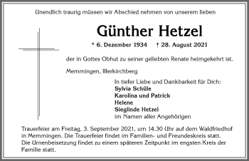Traueranzeige von Günther Hetzel von Memminger Zeitung