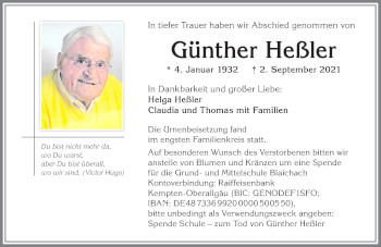 Traueranzeige von Günther Heßler von Allgäuer Anzeigeblatt