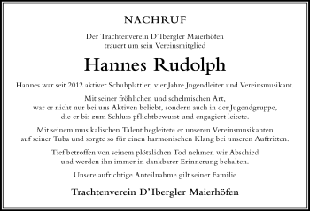Traueranzeige von Hannes Rudolph von Der Westallgäuer