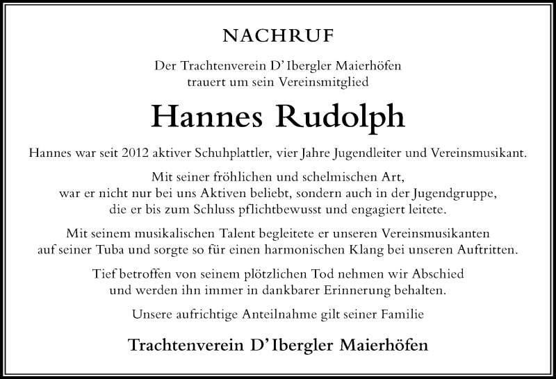  Traueranzeige für Hannes Rudolph vom 16.09.2021 aus Der Westallgäuer