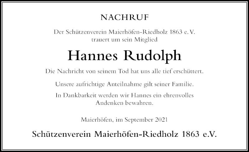  Traueranzeige für Hannes Rudolph vom 17.09.2021 aus Der Westallgäuer