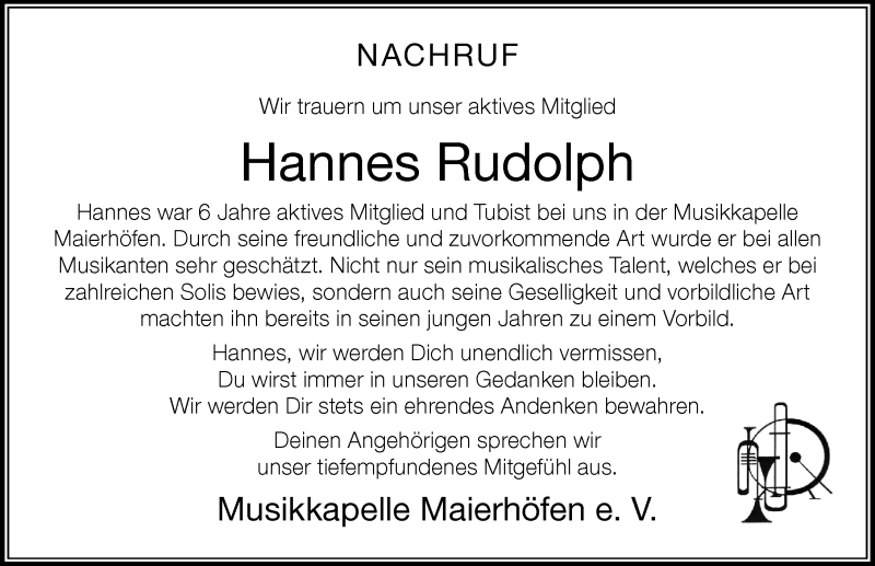  Traueranzeige für Hannes Rudolph vom 16.09.2021 aus Der Westallgäuer