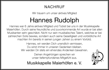 Traueranzeige von Hannes Rudolph von Der Westallgäuer