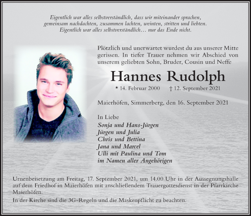  Traueranzeige für Hannes Rudolph vom 16.09.2021 aus Der Westallgäuer