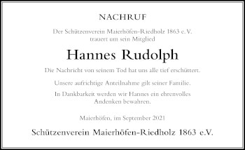 Traueranzeige von Hannes Rudolph von Der Westallgäuer