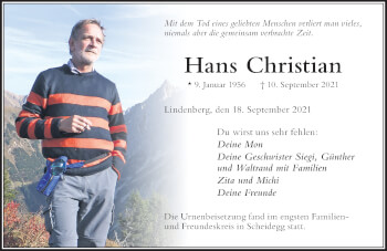 Traueranzeige von Hans Christian von Der Westallgäuer