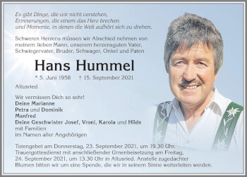 Traueranzeige von Hans Hummel von Allgäuer Zeitung,Kempten