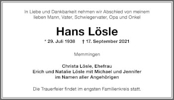 Traueranzeige von Hans Lösle von Memminger Zeitung