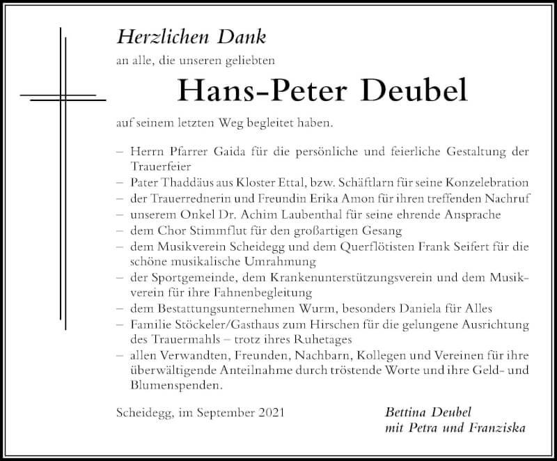  Traueranzeige für Hans-Peter Deubel vom 29.09.2021 aus Der Westallgäuer