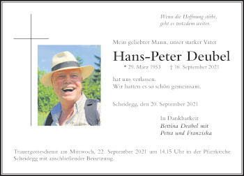 Traueranzeige von Hans-Peter Deubel von Der Westallgäuer