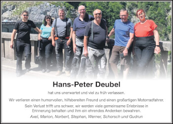 Traueranzeige von Hans-Peter Deubel von Der Westallgäuer