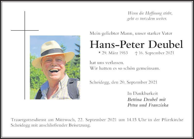  Traueranzeige für Hans-Peter Deubel vom 20.09.2021 aus Der Westallgäuer