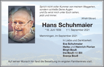Traueranzeige von Hans Schuhmaier von Memminger Zeitung