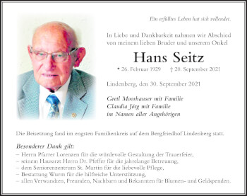 Traueranzeige von Hans Seitz von Der Westallgäuer