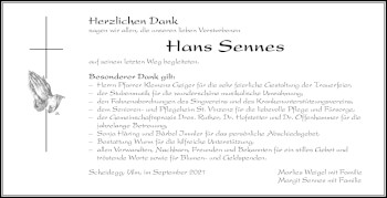 Traueranzeige von Hans Sennes von Der Westallgäuer