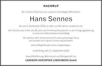 Traueranzeige von Hans Sennes von Der Westallgäuer