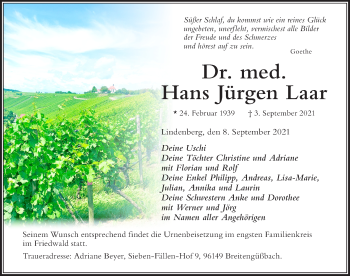 Traueranzeige von Hans Jürgen Laar von Der Westallgäuer