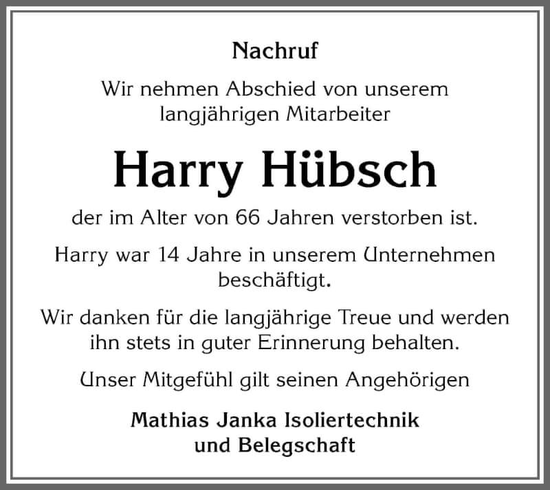 Traueranzeige für Harry Hübsch vom 22.09.2021 aus Allgäuer Zeitung, Füssen