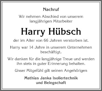 Traueranzeige von Harry Hübsch von Allgäuer Zeitung, Füssen