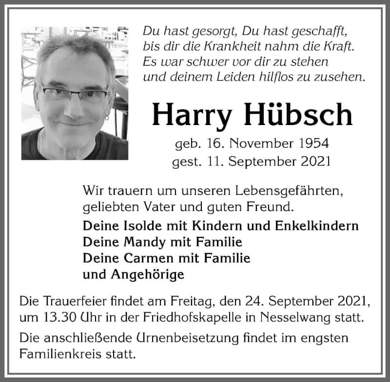  Traueranzeige für Harry Hübsch vom 22.09.2021 aus Allgäuer Zeitung, Füssen