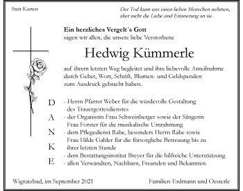 Traueranzeige von Hedwig Kümmerle von Der Westallgäuer