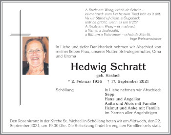 Traueranzeige von Hedwig Schratt von Allgäuer Anzeigeblatt