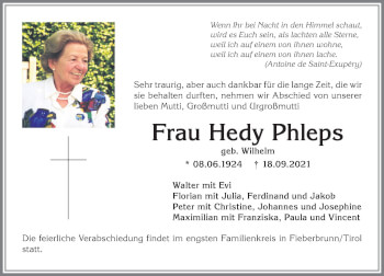 Traueranzeige von Hedy Phleps von Allgäuer Anzeigeblatt