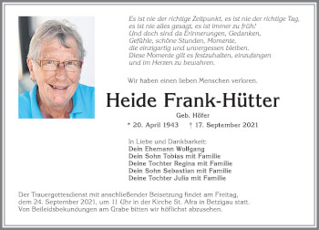 Traueranzeige von Heide Frank-Hütter von Allgäuer Zeitung,Kempten