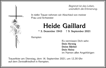 Traueranzeige von Heide Gaillard von Allgäuer Zeitung,Kempten