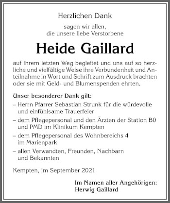 Traueranzeige von Heide Gaillard von Allgäuer Zeitung,Kempten