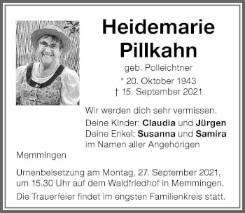 Traueranzeige von Heidemarie Pillkahn von Memminger Zeitung