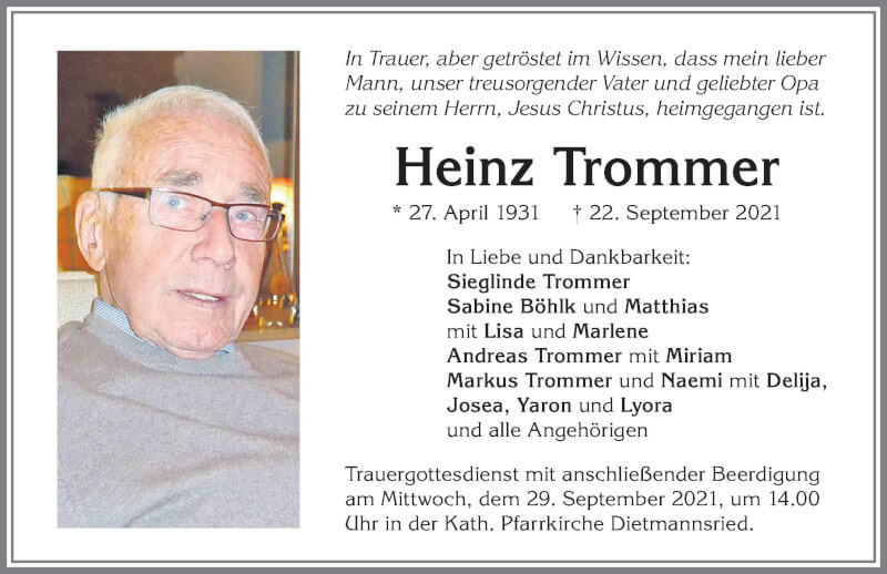  Traueranzeige für Heinz Trommer vom 25.09.2021 aus Allgäuer Zeitung,Kempten