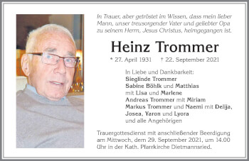 Traueranzeige von Heinz Trommer von Allgäuer Zeitung,Kempten