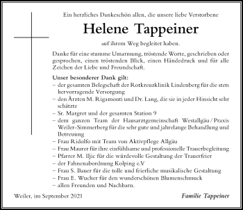 Traueranzeige von Helene Tappeiner von Der Westallgäuer