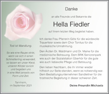 Traueranzeige von Hella Fiedler von Memminger Zeitung