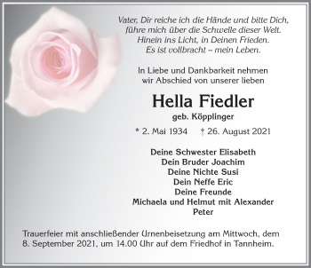 Traueranzeige von Hella Fiedler von Memminger Zeitung