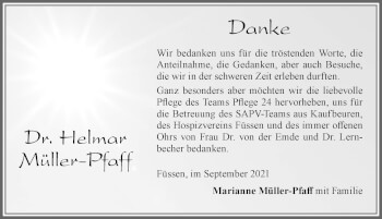 Traueranzeige von Helmar Müller-Pfaff von Allgäuer Zeitung, Füssen