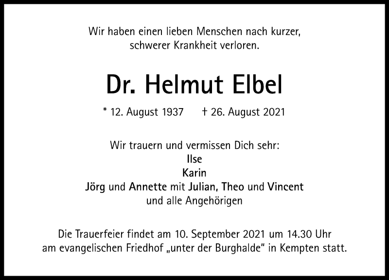 Traueranzeige für Helmut Elbel vom 04.09.2021 aus Allgäuer Zeitung,Kempten