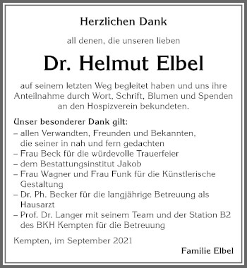Traueranzeige von Helmut Elbel von Allgäuer Zeitung,Kempten