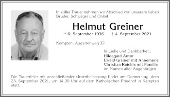 Traueranzeige von Helmut Greiner von Allgäuer Zeitung,Kempten