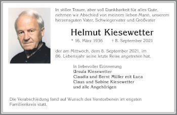 Traueranzeige von Helmut Kiesewetter von Allgäuer Zeitung, Kaufbeuren/Buchloe