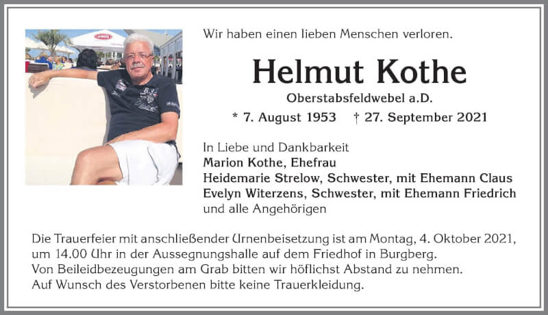  Traueranzeige für Helmut Kothe vom 30.09.2021 aus Allgäuer Anzeigeblatt