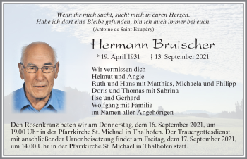 Traueranzeige von Hermann Brutscher von Allgäuer Zeitung, Marktoberdorf