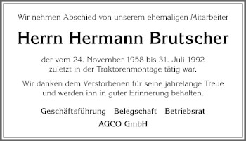 Traueranzeige von Hermann Brutscher von Allgäuer Zeitung, Marktoberdorf