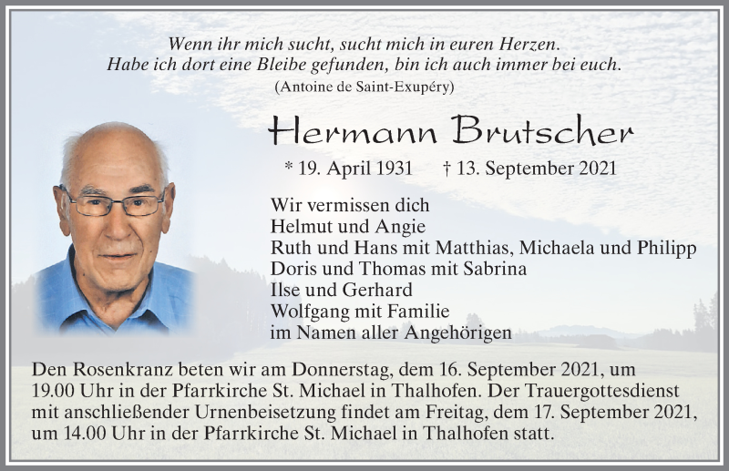  Traueranzeige für Hermann Brutscher vom 16.09.2021 aus Allgäuer Zeitung, Marktoberdorf