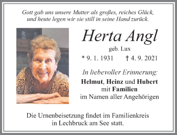 Traueranzeige von Herta Angl von Allgäuer Zeitung, Füssen